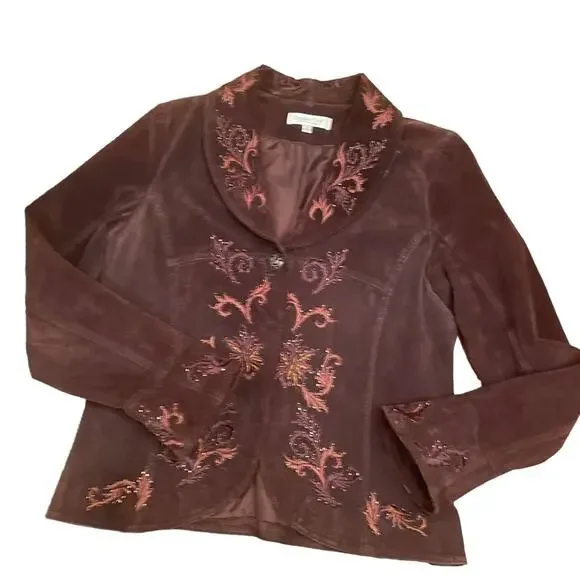 Coldwater Creek brown leather embroidered boho jacket size small